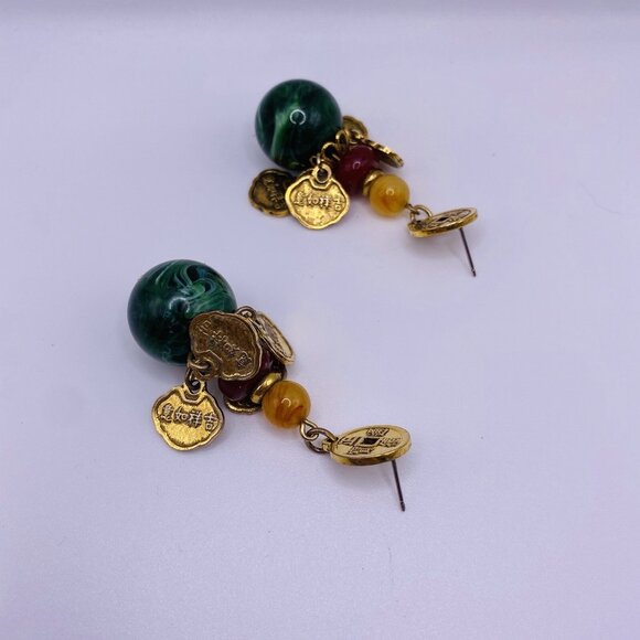 Boho Coin Charm Drop Earrings Green Bead Red Amber Accents Vintage Style - Picture 3 of 3